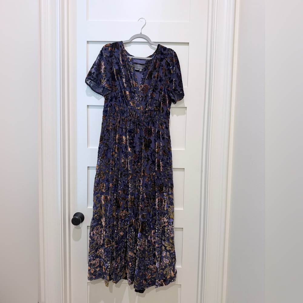 Anthropologie Purple Floral Metallic-Accent Maxi Dress